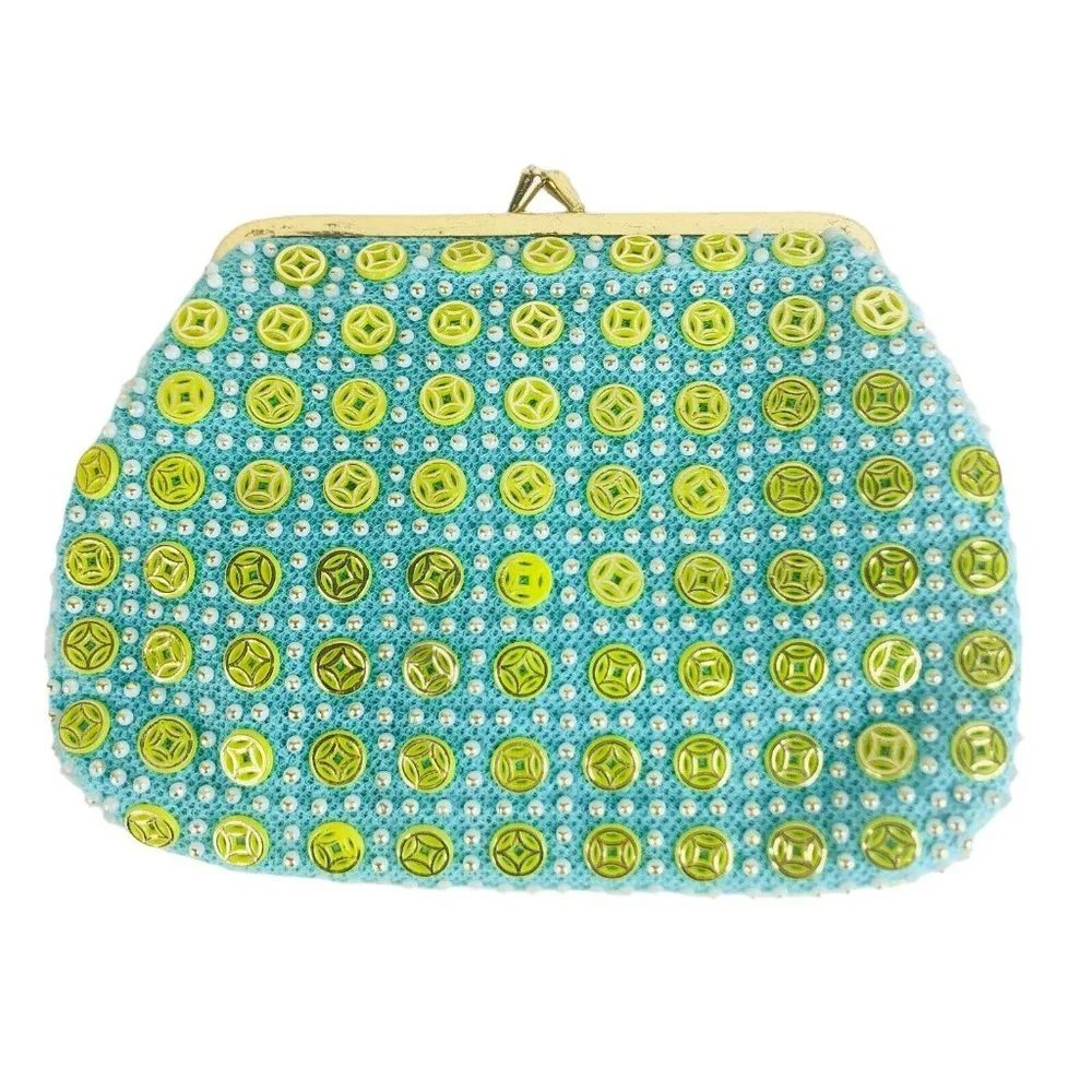 VTG Womens Clutch Purse Beaded Made Hong Kong Kiss Lock Closure Blue Green Small